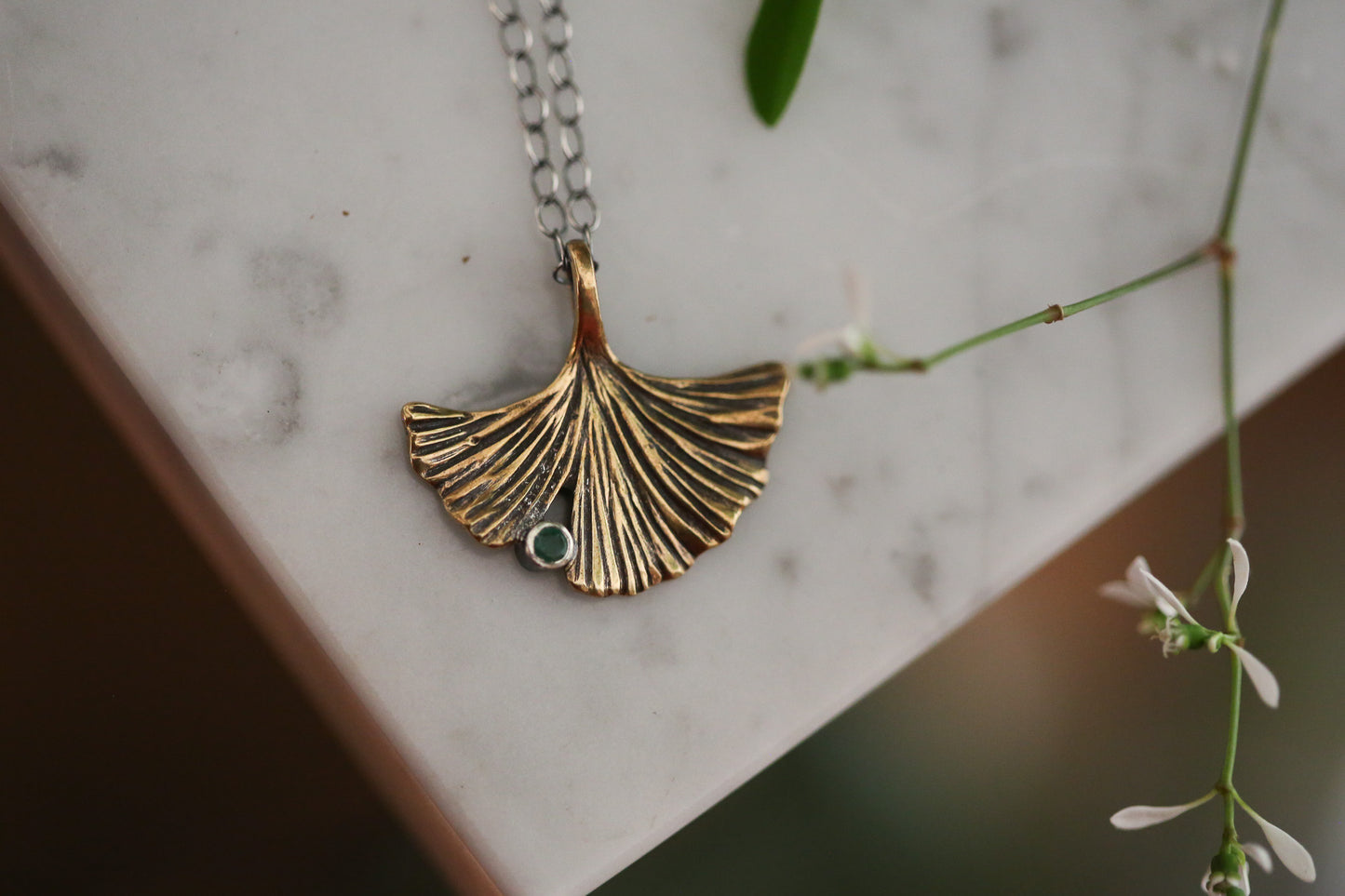 Emerald + Brass Ginkgo Necklace