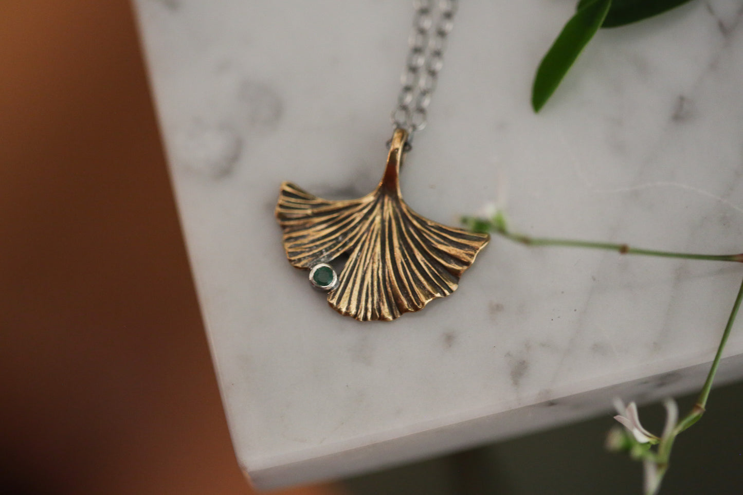 Emerald + Brass Ginkgo Necklace
