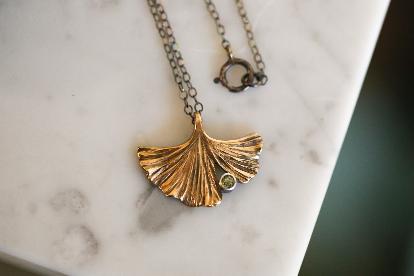 Brass + Peridot Ginkgo Necklace