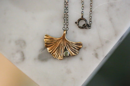 Brass + Peridot Ginkgo Necklace