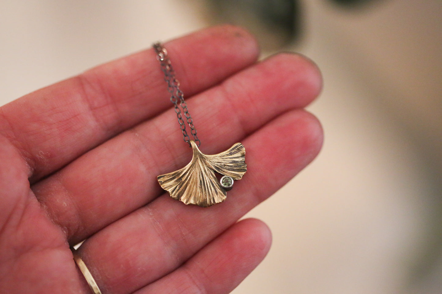 Brass + Peridot Ginkgo Necklace