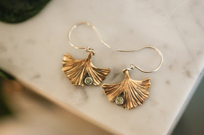 Brass + Peridot Ginkgo Leaf Earrings