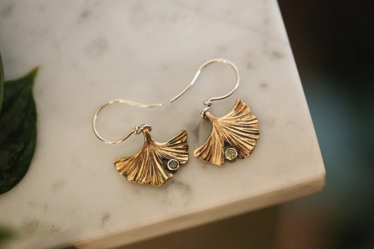 Brass + Peridot Ginkgo Leaf Earrings