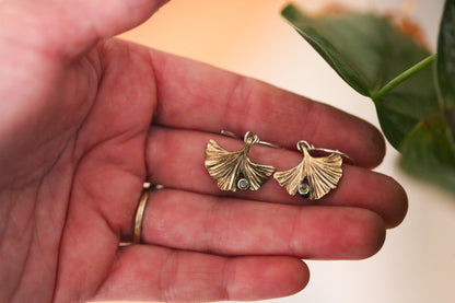 Brass + Peridot Ginkgo Leaf Earrings