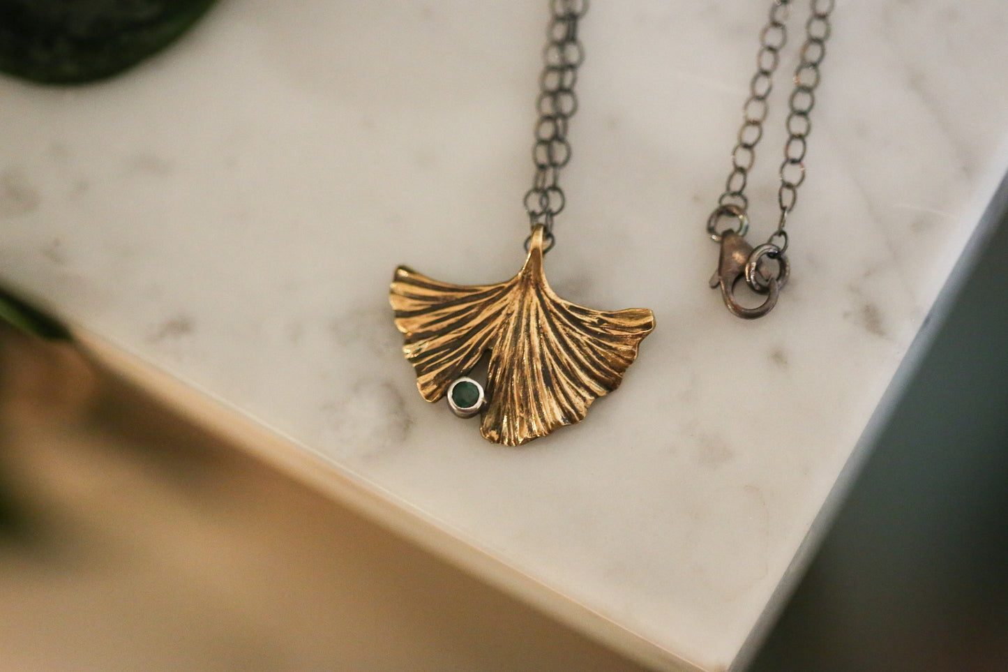 Brass + Emerald Ginkgo Necklace
