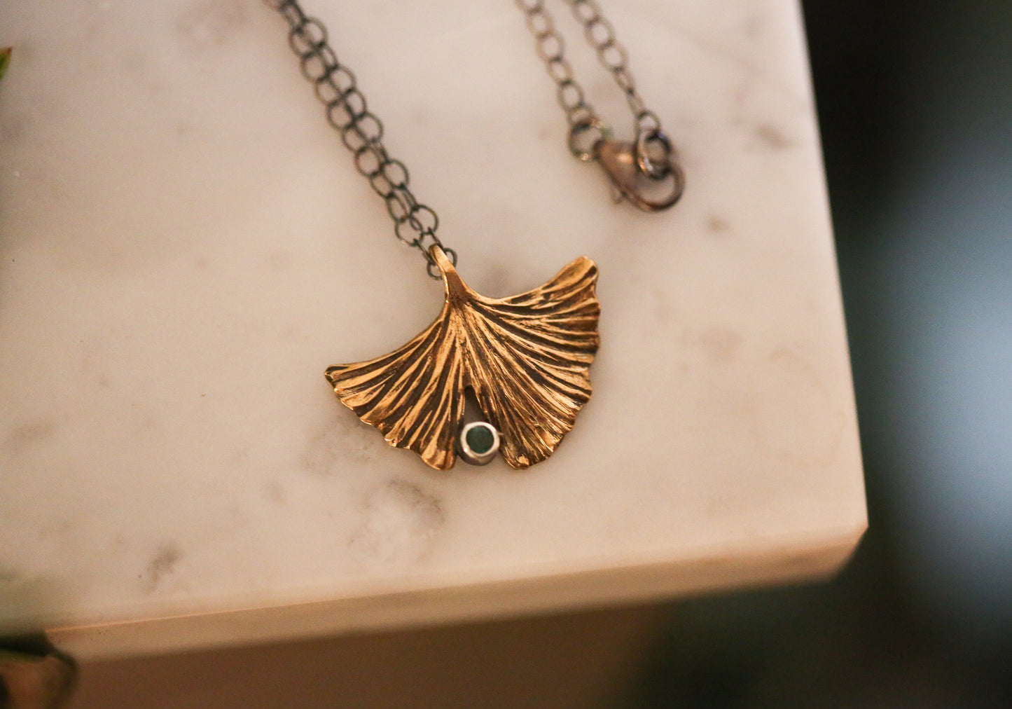 Brass + Emerald Ginkgo Necklace
